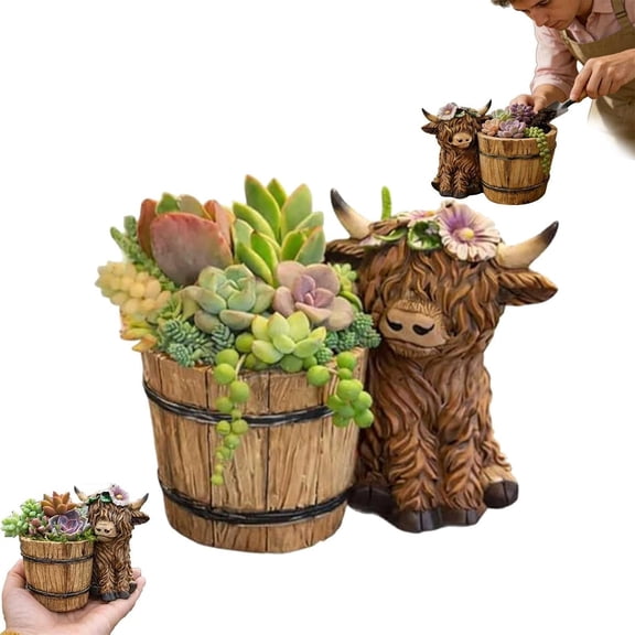 Ceramic Highland Cow Planter Pot with Wooden Barrel, Cute Animal Succulent Flower Container, Decorative Plant Pot for Home Indoor Decoration (1 Piece)