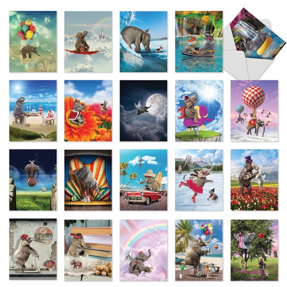 The Best Card Company 20 Assorted Thank You Notecards Boxed Set 4 x 5.12 Inch with Envelopes (20 Designs, 1 Each) Elefantasy Adventures AM10307TYG-B1x20