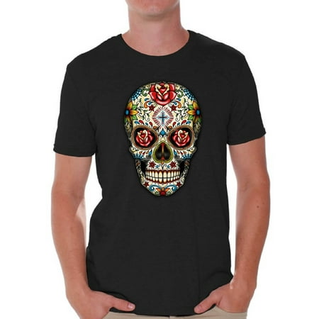 Awkward Styles Rose Eyes Skull Tshirt for Men Sugar Skull Roses Shirt Sugar Skull T Shirt Dia de los Muertos Outfit Day of the Dead Gifts Halloween Shirts Men's Skull Tshirt Red Rose Skull Shirt
