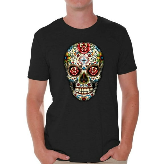 Awkward Styles Rose Eyes Skull Tshirt for Men Sugar Skull Roses Shirt Sugar Skull T Shirt Dia de los Muertos Outfit Day of the Dead Gifts Halloween Shirts Men's Skull Tshirt Red Rose Skull Shirt