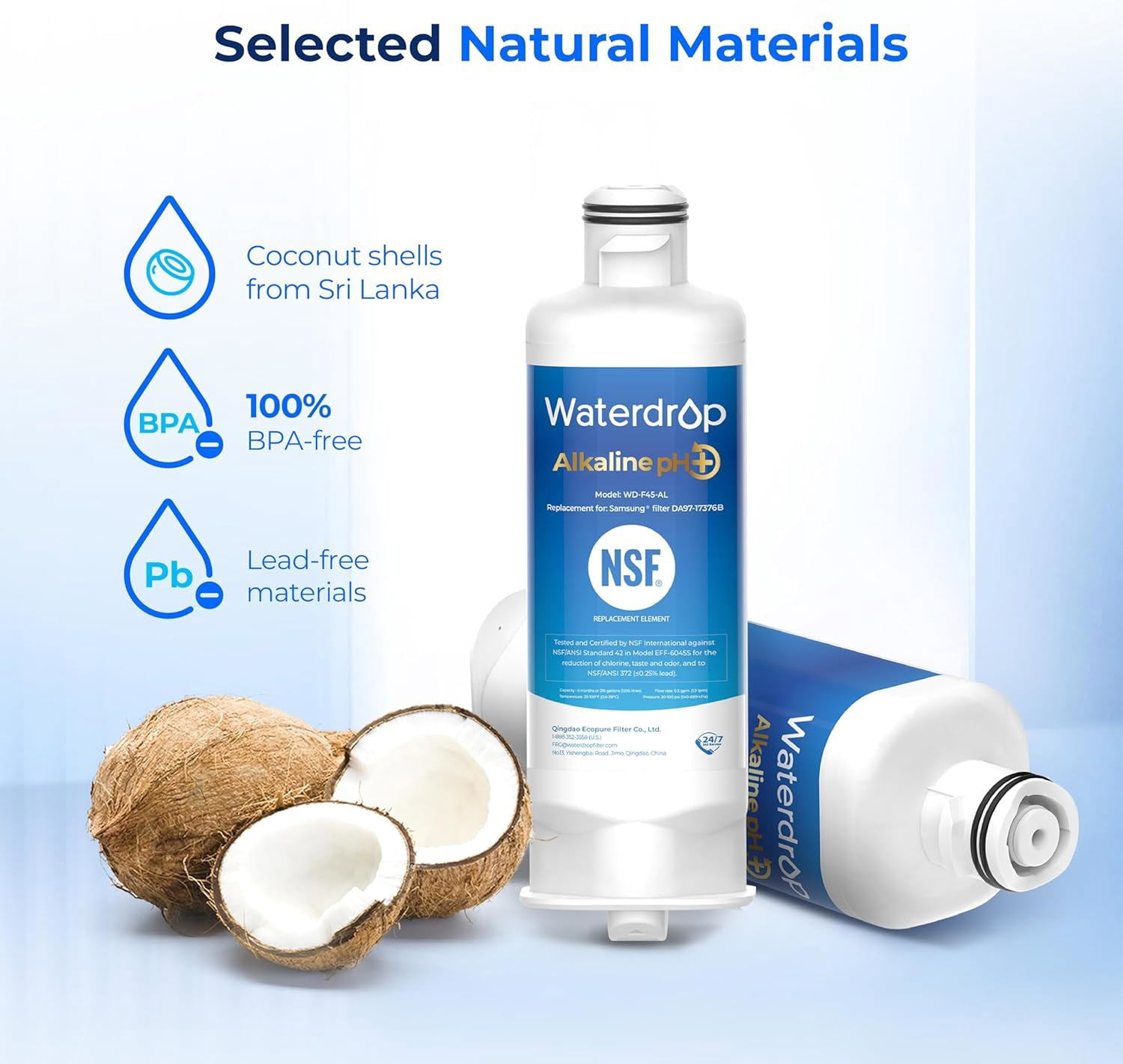 Waterdrop Alkaline WD-F45-AL Refrigerator Water Filter, Replacement for Samsung® DA97-17376B HAF-QIN/EXP, DA97-08006C, RF28R7201SR, RF28R7351SG, Enhances pH, 2 Pack