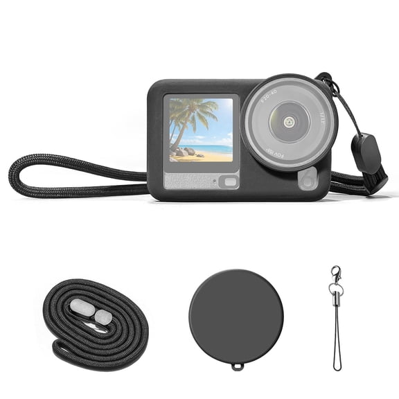 For DJI Osmo Action 6 QKOO Silicone Protective Cover with Wrist Strap & Lens Cap (Black)