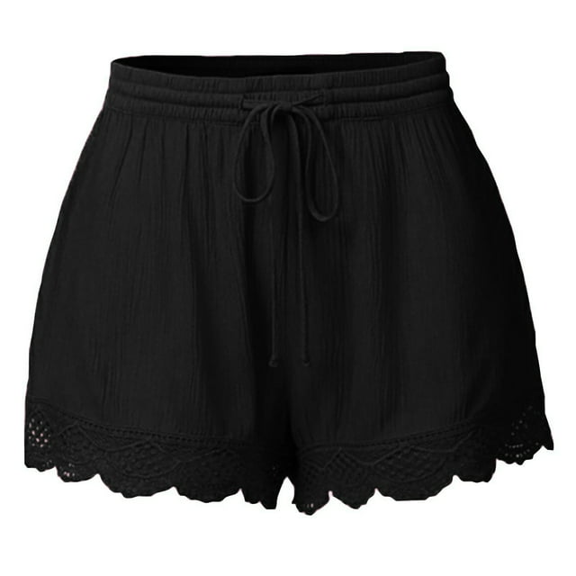 Plebaso Shorts for Women Drawstring Lace Trim Lounge Shorts Elastic Waist Ruffle Beach Shorts with Pockets