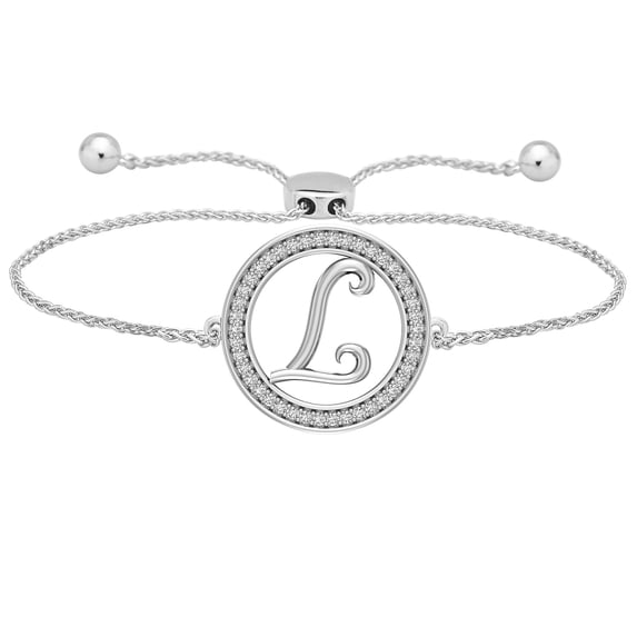 CARATS FOR YOU Round Cut Natural Diamond Initial "L" Alphabet Letter Name Adjustable Bolo Bracelet Personalized Gifts for Women In 14K White Gold Over Sterling Silver (0.20 Cttw)