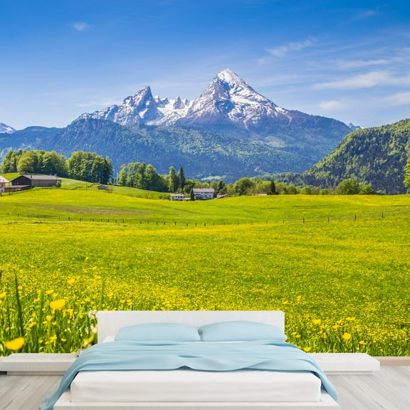 wall26 - Idyllic Landscape in The Alps with Fresh Green Meadows and Blooming Flowers - Removable Wall Mural | Self-Adhesive Large Wallpaper - 66x96 inches