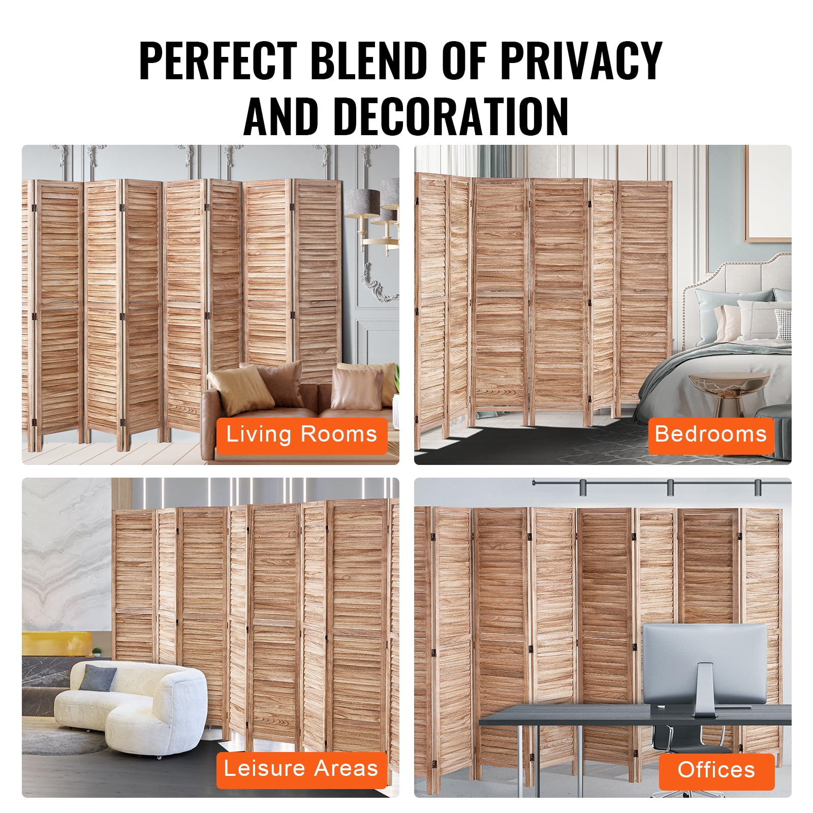 KFFKFF Wooden Partition, 8-Panel Folding Privacy Barrier, 66.9 Inches High Indoor Slatted Divider, Movable Decorative Screen, Ideal for Space Division in Homes, Offices, Restaurants & Bedrooms
