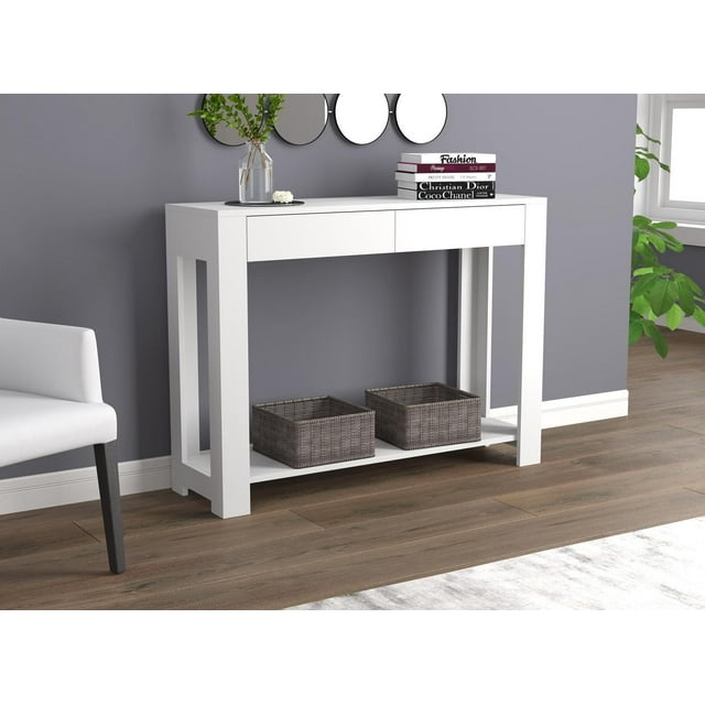Safdie & Co. Table Console 40" Blanche Avec 2 Tiroirs, 1 Étagère