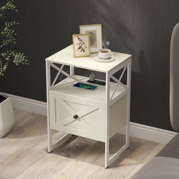 Manora Farmhouse Nightstand with Charging Station Bedside Tables End Table for Bedroom Living Room,White