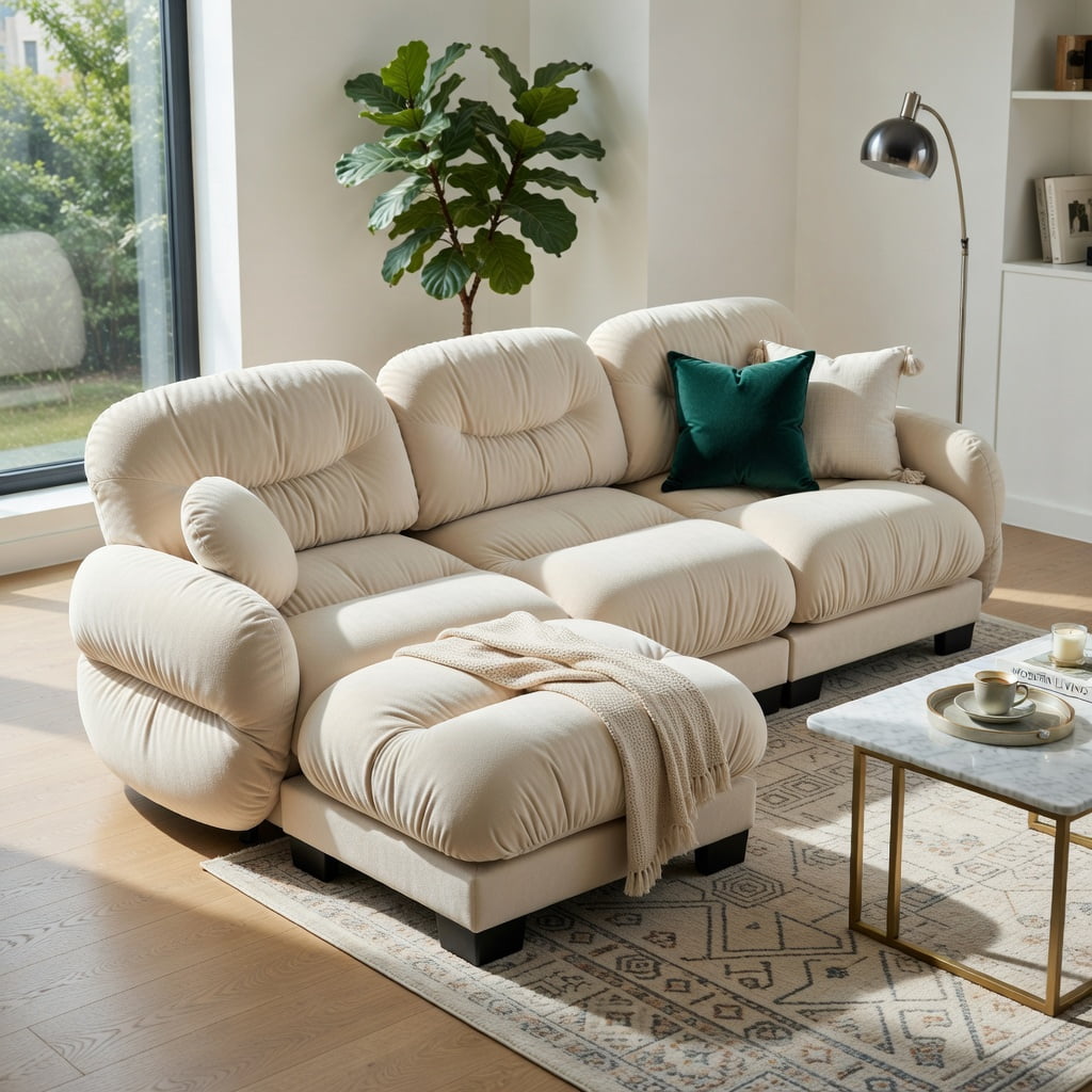 Hommoo Chenille 2-Seater L-Shaped Modular Sectional Sofa with Ottoman, Ergonomic High-Density Foam Cushions, Curved Armrests & Pleated Back Design, Includes 2 Round Throw Pillows, Beige