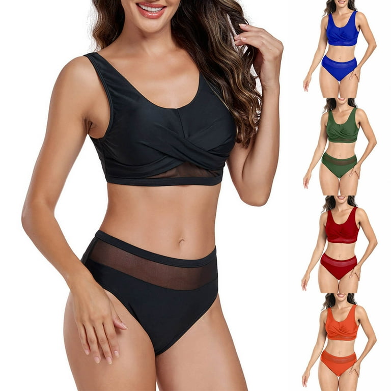Feimerou Womens Bikini Sets High Waisted Tummy Control Swimsuits Front  Crosscriss Push Up Padded Sexy Mesh Two Piece Bathing Suits Sale
