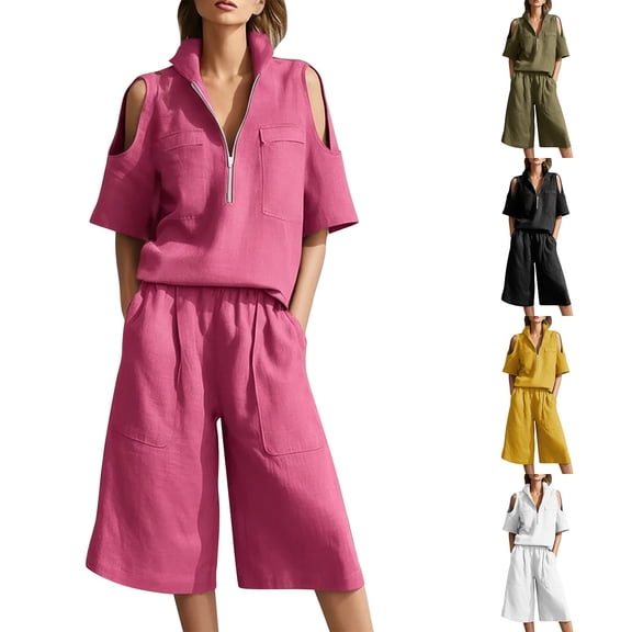Xunmmm Summer Two Piece Set for Women Loose Fit Cold Shoulder Half Zipper and Bermuda Shorts Set Solid Color Casual Two Piece Set Relaxed Fit Travel Wear