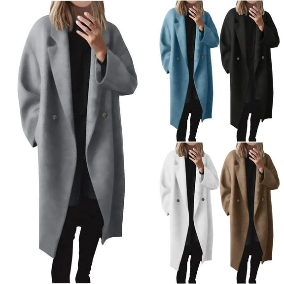 Womens Winter Coats Trench Coat Women New Fashionable Solid Color Lapel Breasted Woolen Coat Long Windbreaker Coat With Pockets