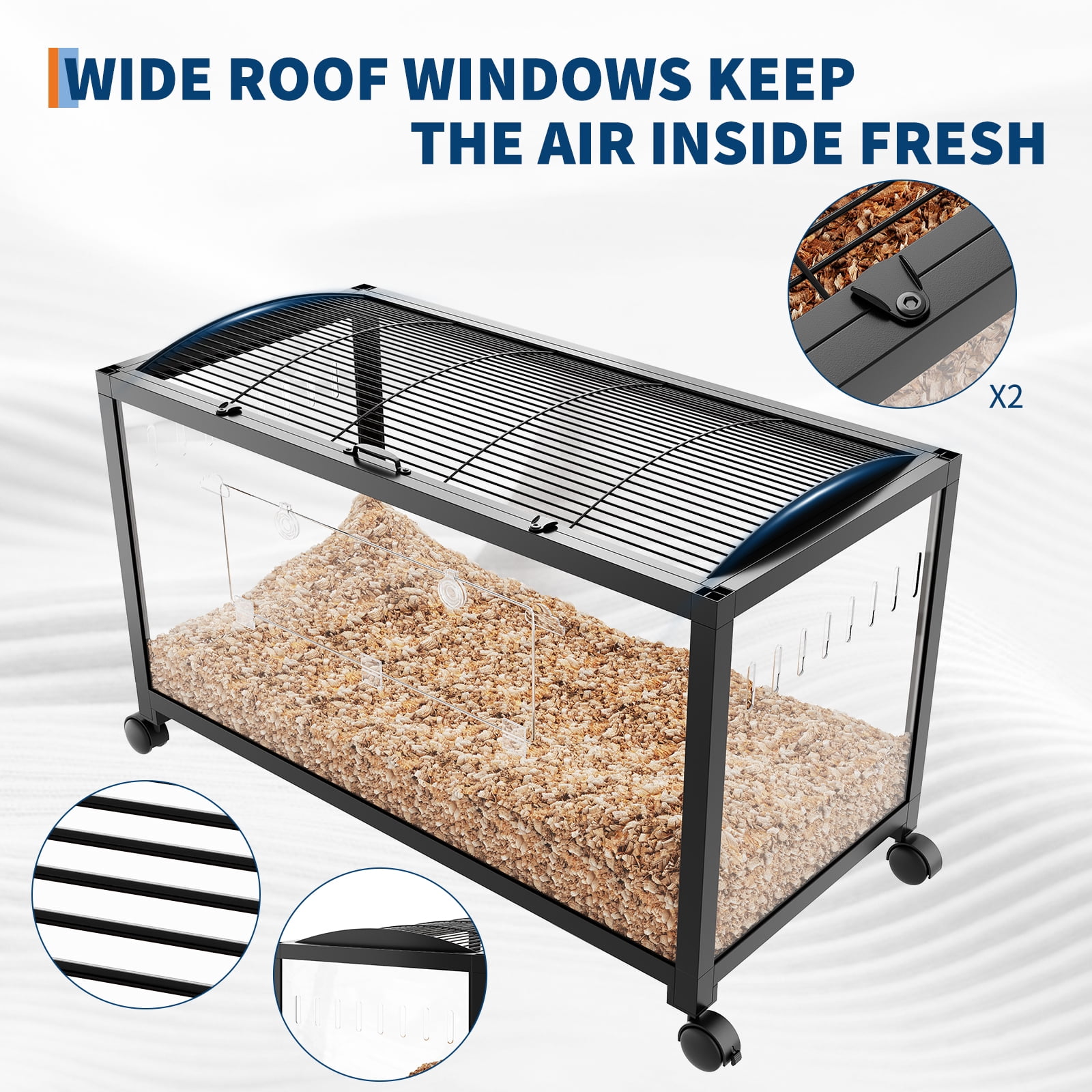 EastVita Hedgehog Enclosure with Acrylic Sides,Metal Guinea Pig Cages,Universal Wheels+Chew-Proof Dual Door Stackable Cages for Guinea Pigs,Gerbil,Dwarf Syrian Hamster Black