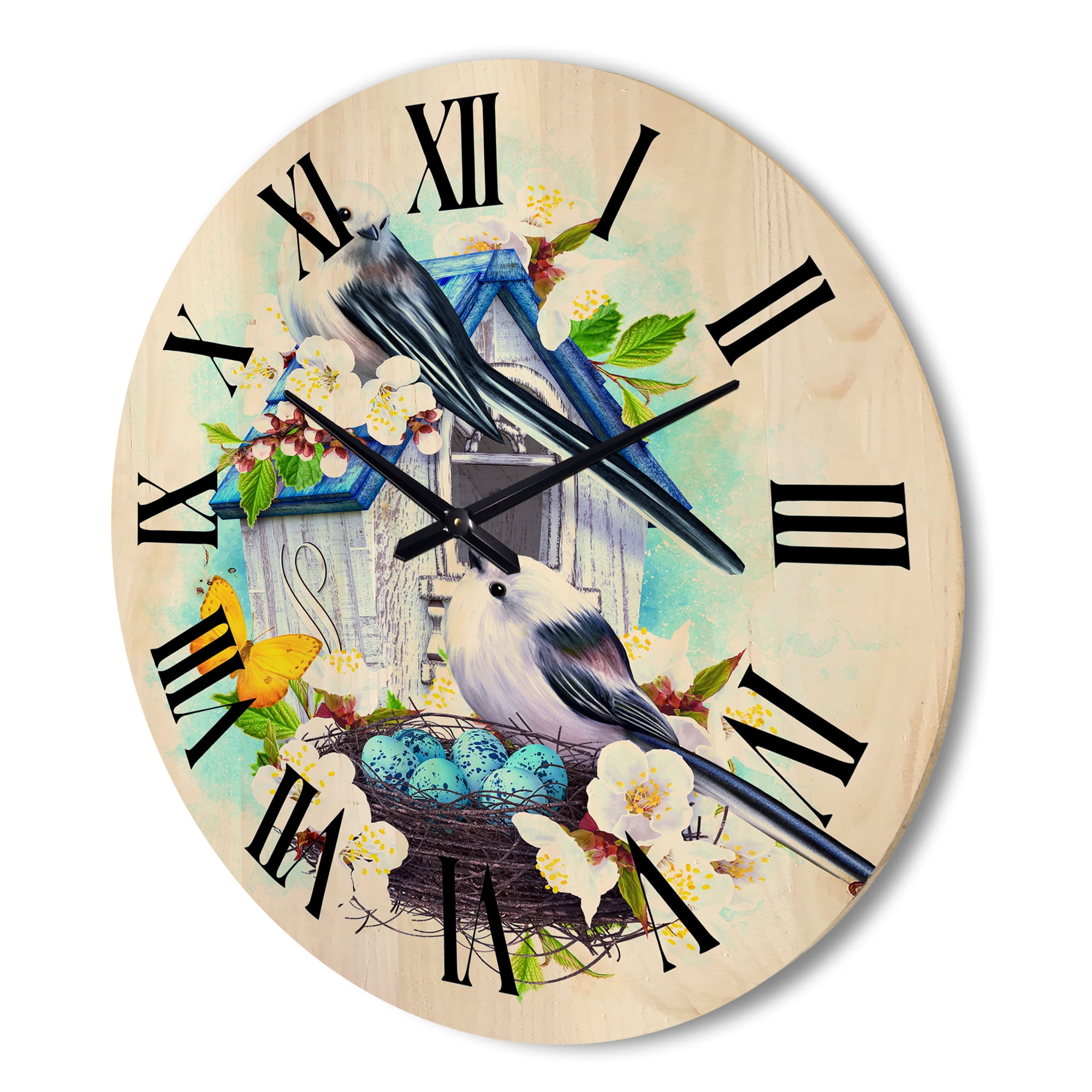 Designart 'Two Tit Birds Sitting Near The Nest With Eggs and White Flowers II' Traditional Wood Wall Clock