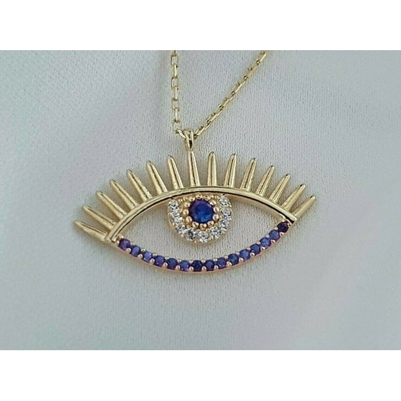 Aishvi Jewels 0.50Ct Round Cut Lab-Created Blue Sapphire Evil Eye Pendant 14K Yellow Gold Plated