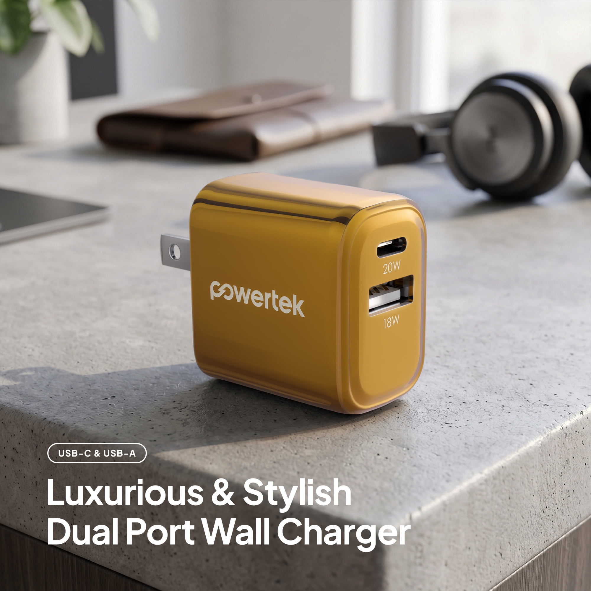 Powertek Luxe 20W USB-C + 18W USB-A Fast Charging Dual Port Block, Gold, Compatible with iPhone, Android, Tablets & USB Devices, Compact Travel Adapter