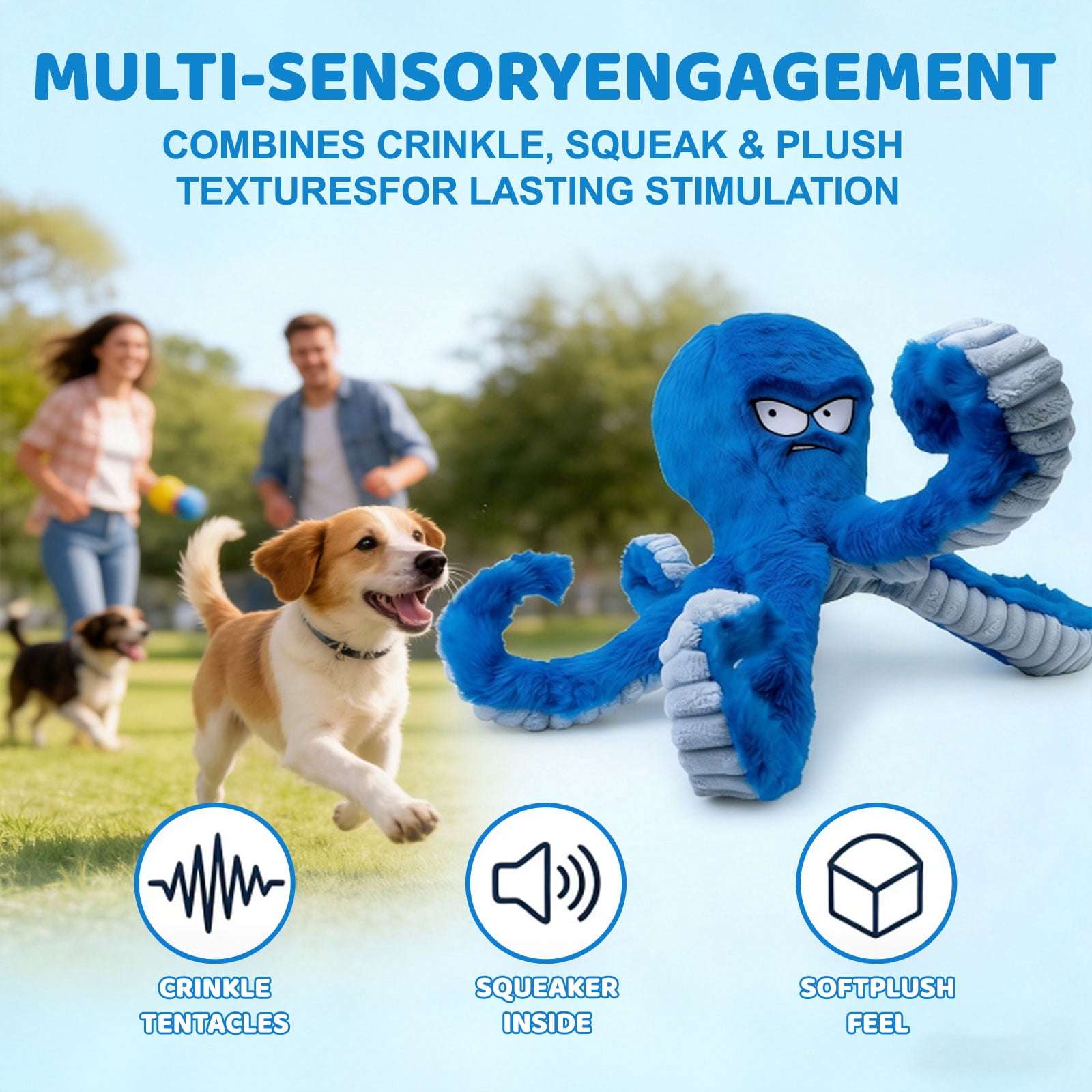 Tough Dog Toys, Stuffed Chew Large Dog Toys to Keep Them Busy, Interactive Squeaky Tug of War Doggie Toy, Crinkle Blue Octopus