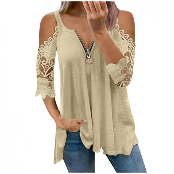 UTTOASFAY Women'S Tops Long Sleeve Cold Shoulder Tops Ｖ-Neck Zipper Soild Hollow Out T-Shirt Casual Blouses Shirts Beige 20(XL)