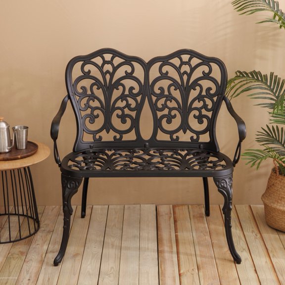 Hassch Garden Bench, 2-Seat Sofa with Floral Rose Design, Outdoor Cast Aluminum Loveseat for Garden, Porch, Park, Black
