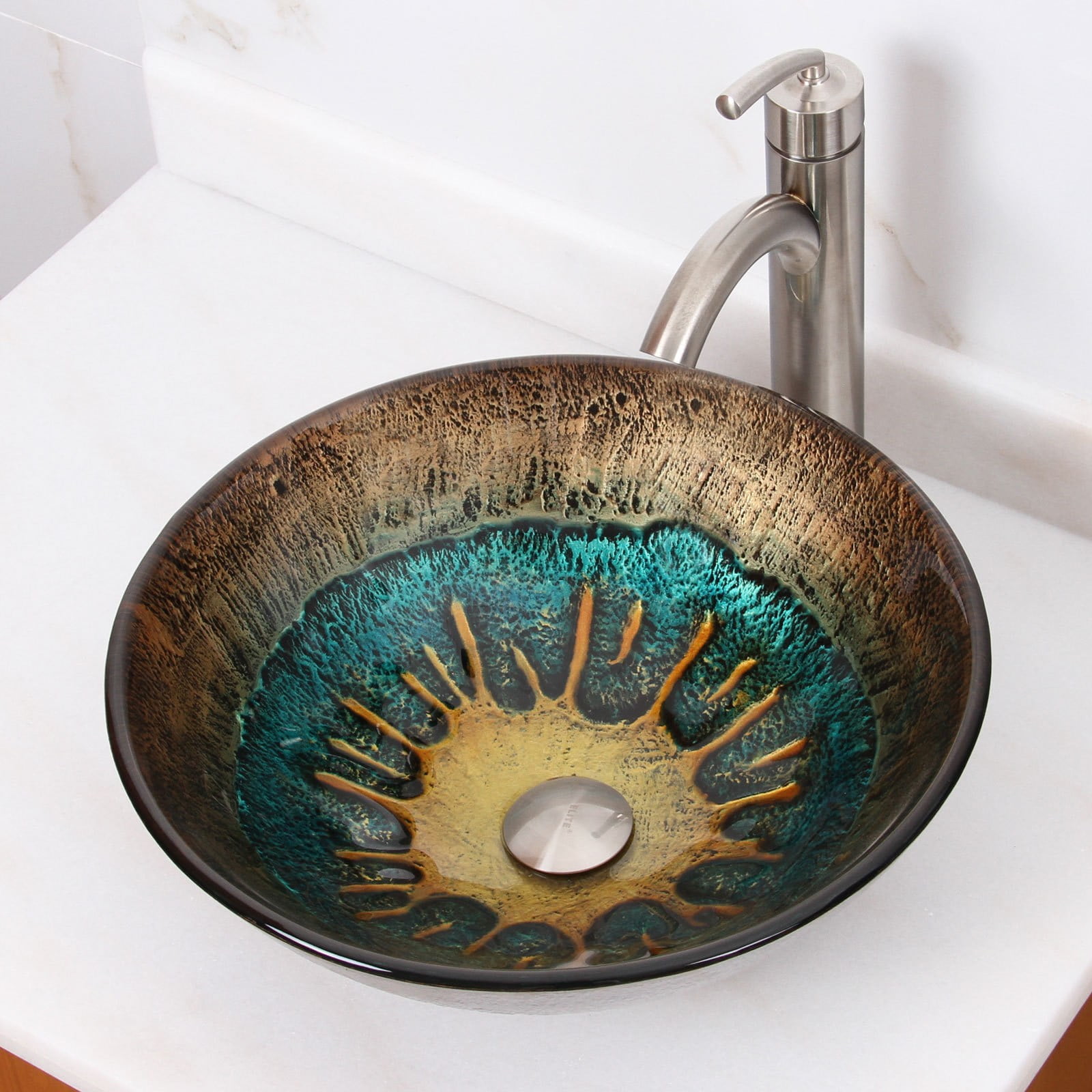 Elite Volcanic Pattern Tempered Glass Bathroom Vessel Sink With Faucet