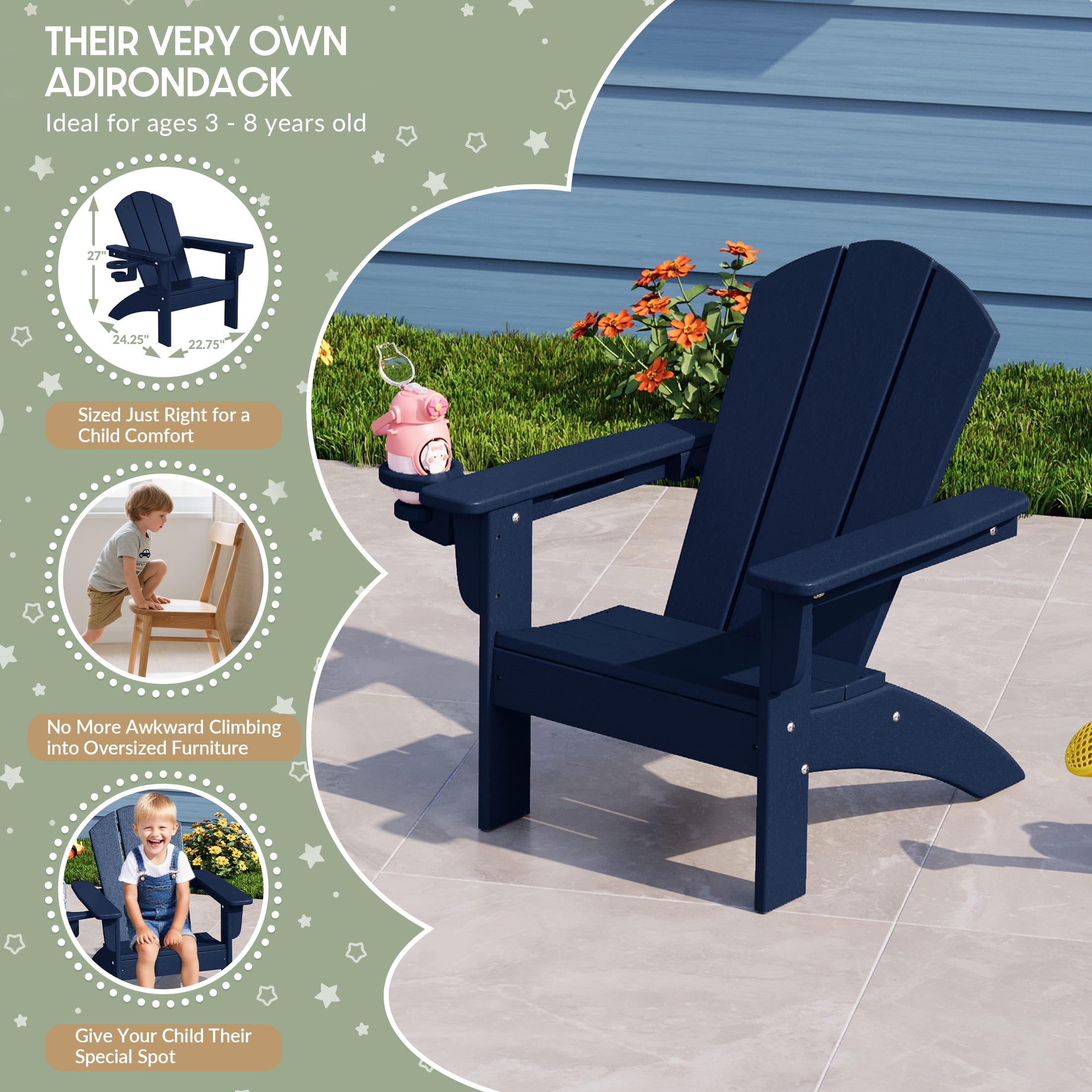 WestinTrends Malibu 3-Piece Kids HDPE Adirondack Chairs Set with Square Side Table and Cup Holders, Navy Blue