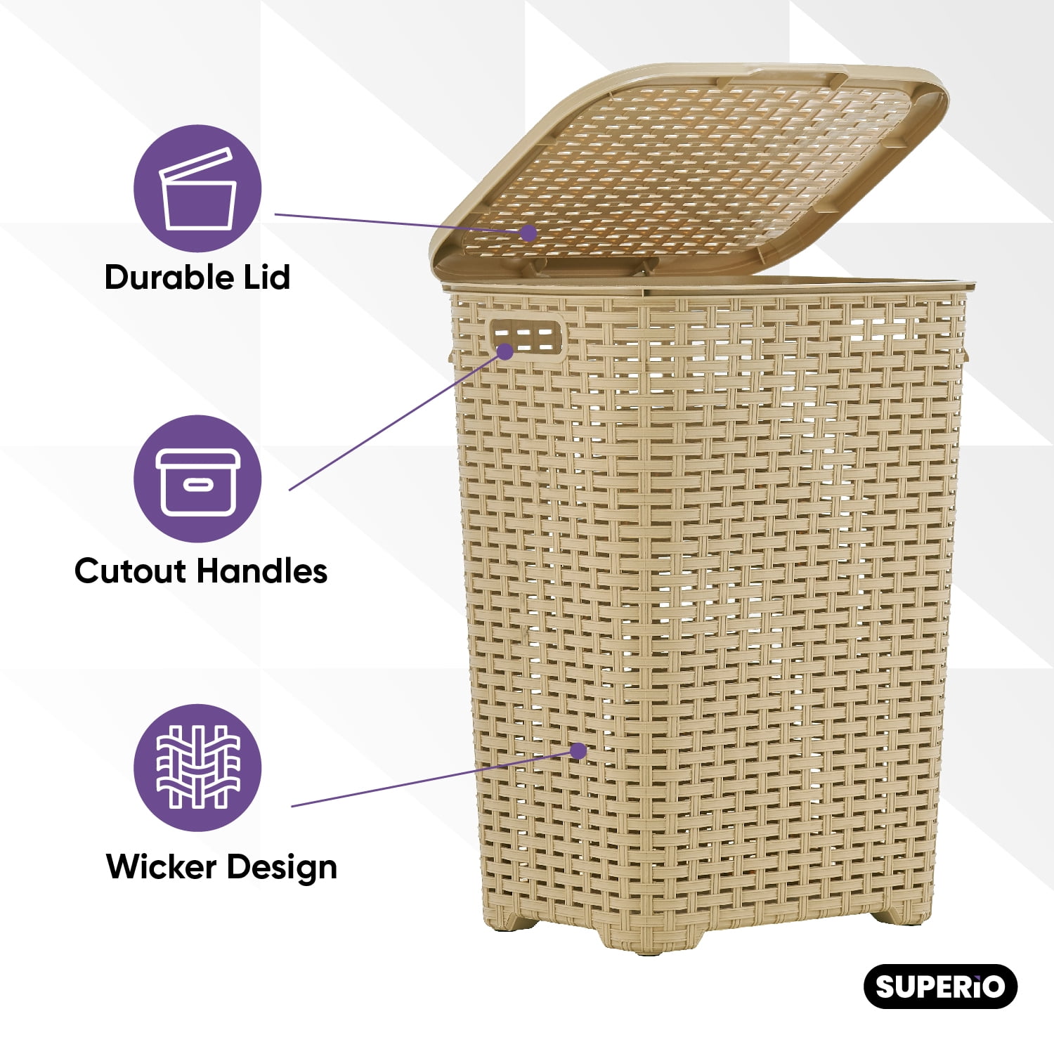Superio Laundry Hamper Basket With Easy Open Lid 60 Liter Beige, Large Wicker Hamper, Dirty Cloths Storage With Two Cutout Handles, Laundry Room Bin