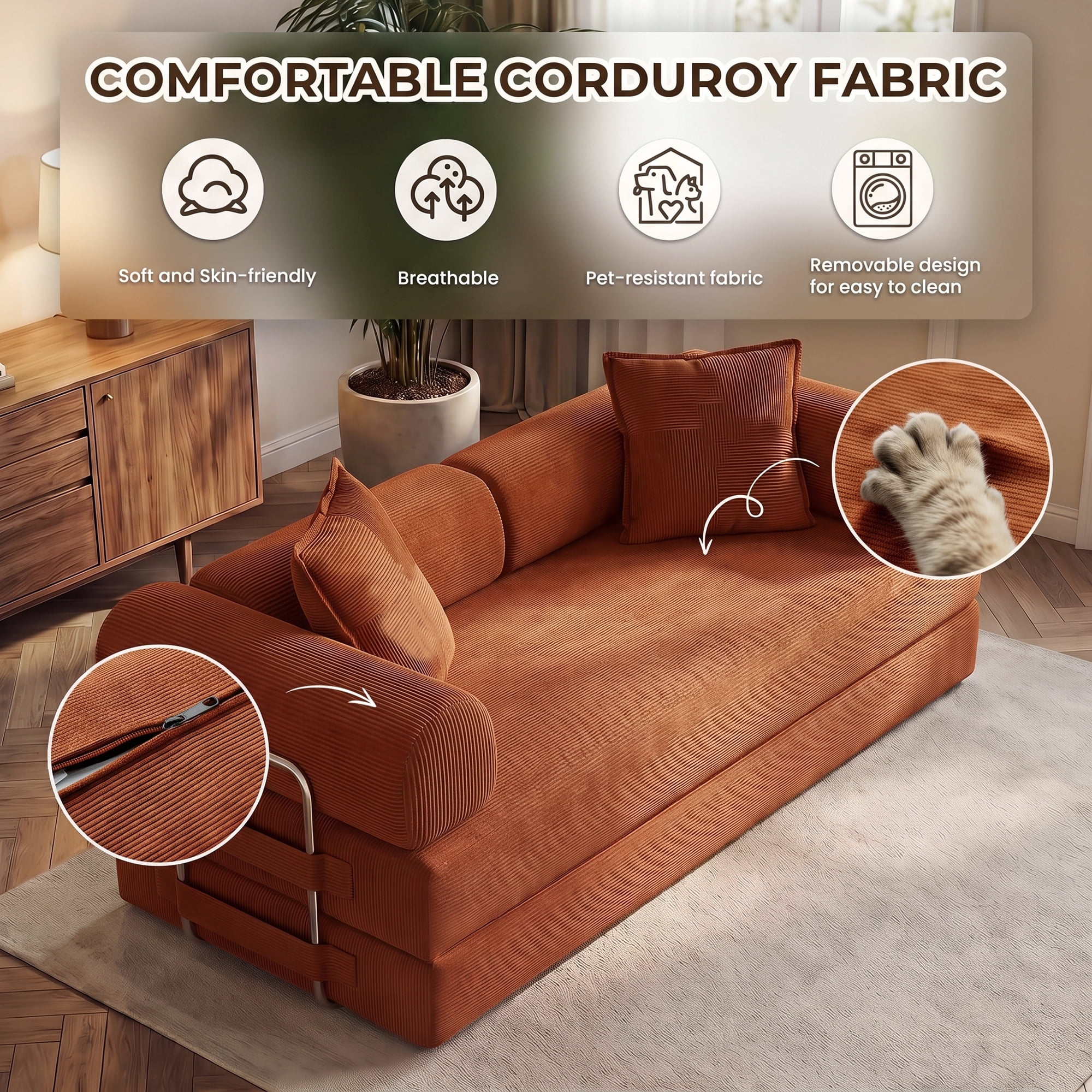 Aukfa 79" Convertible Futon Sofa Bed with Fixed Frame, 5-in-1 Boneless Couch for Living Room, Corduroy, Orange