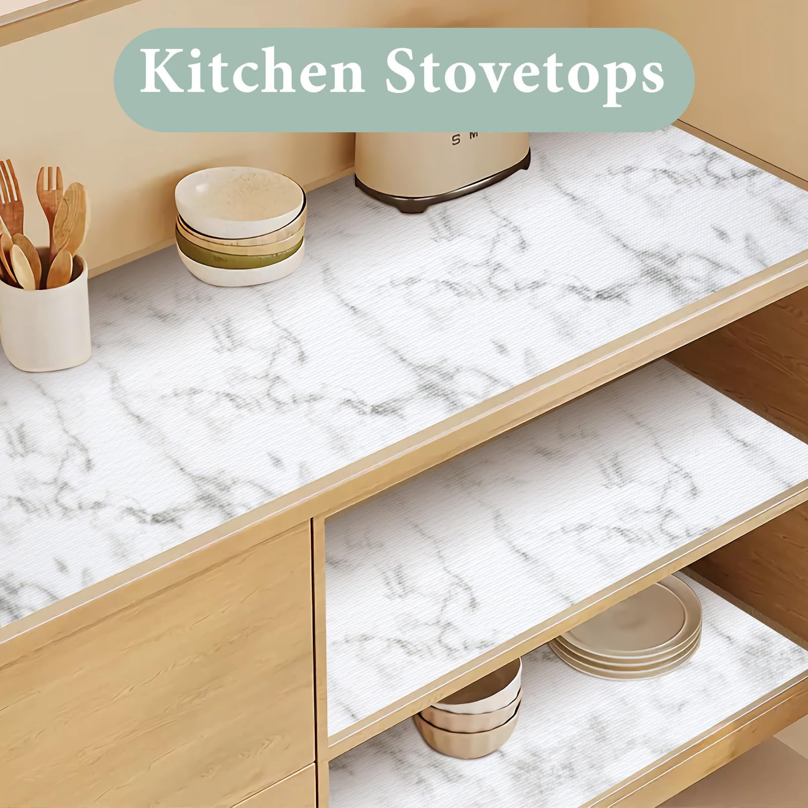 12 in X 118 in Drawer and Shelf Liner for Kitchen Cabinet : Non Slip Waterproof Shelf Paper EVA Non Adhesive Refrigerator Liners White Marble Easy Liners for Bathroom Cupboard .