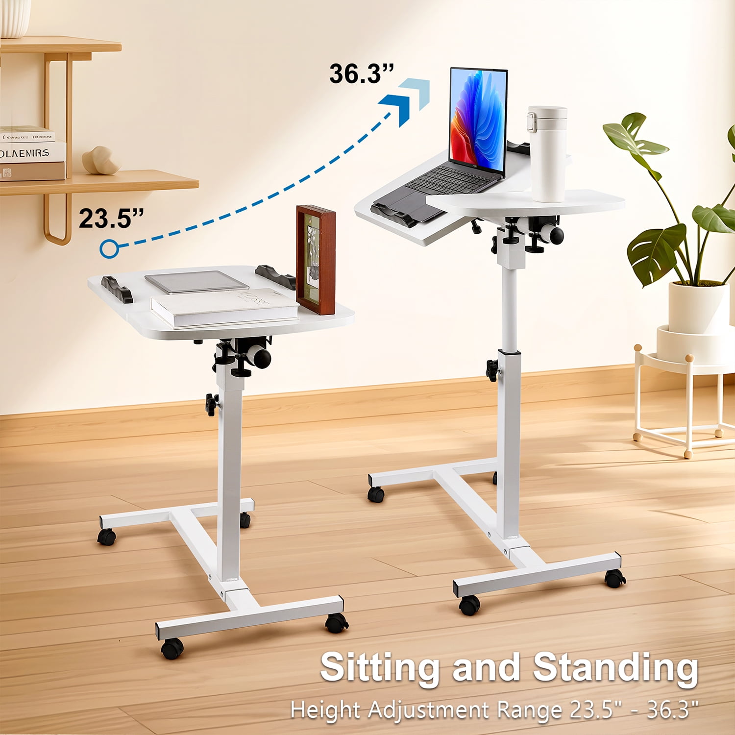 FOUKUS Mobile Compact Standing Desk: Height Adjustable Rolling Laptop Desk, Portable Laptop Stand 27.7" x 15.6" - White
