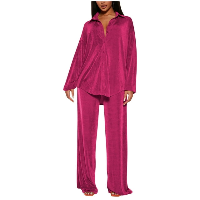 Timegard 2 Piece Lounge Outfits for Women Lapel V Neck Button down Long Sleeve Shirt Fuzzy Wide Leg Pants Solid Color Sets