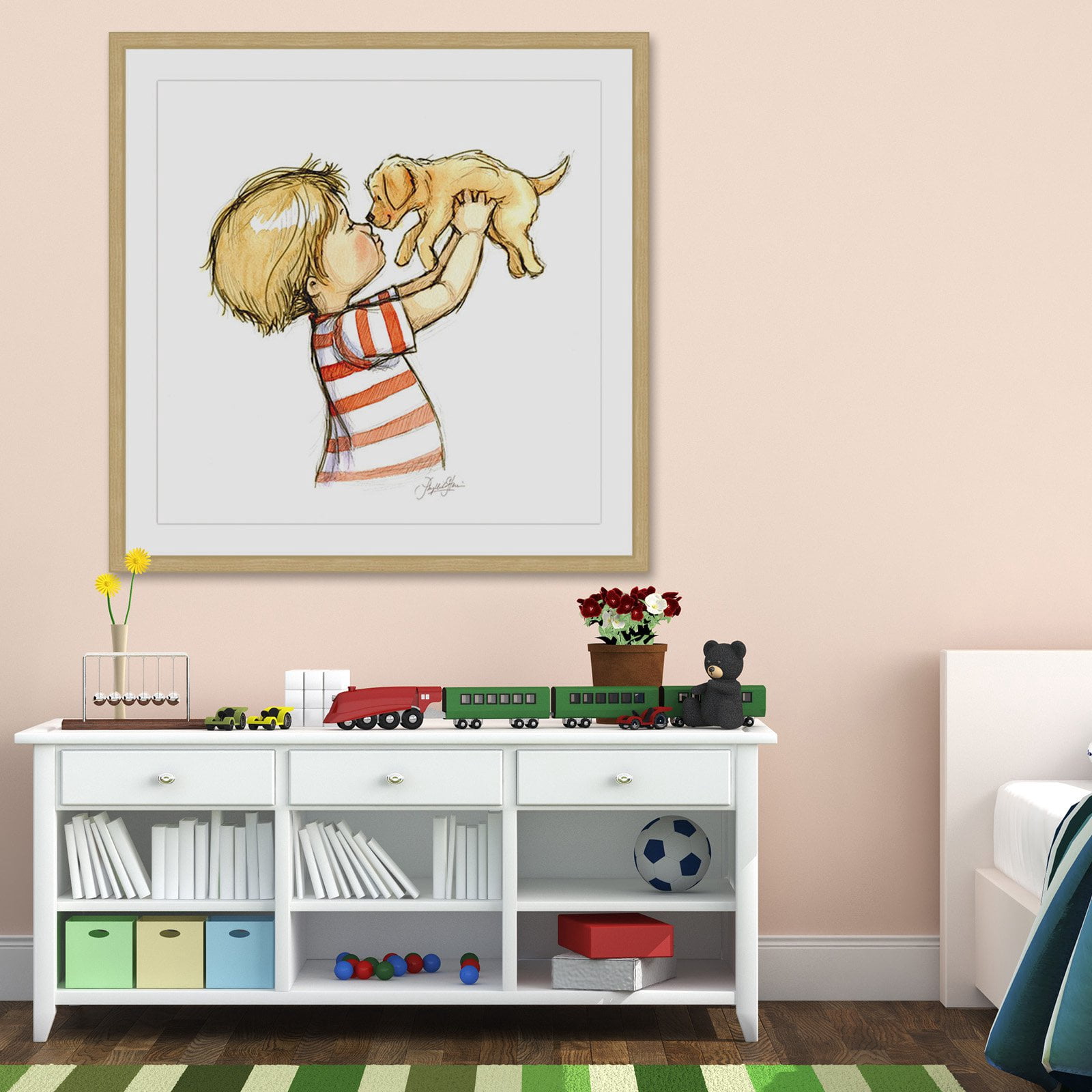 "Puppy Loves Boy" Framed Painting Print