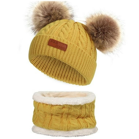 

Kids Toddler Boys Girls Beanie Cap Scarf Set Winter Warm Pom Knit Hat + Fleece Lined Circle Scarf 2Pcs Set