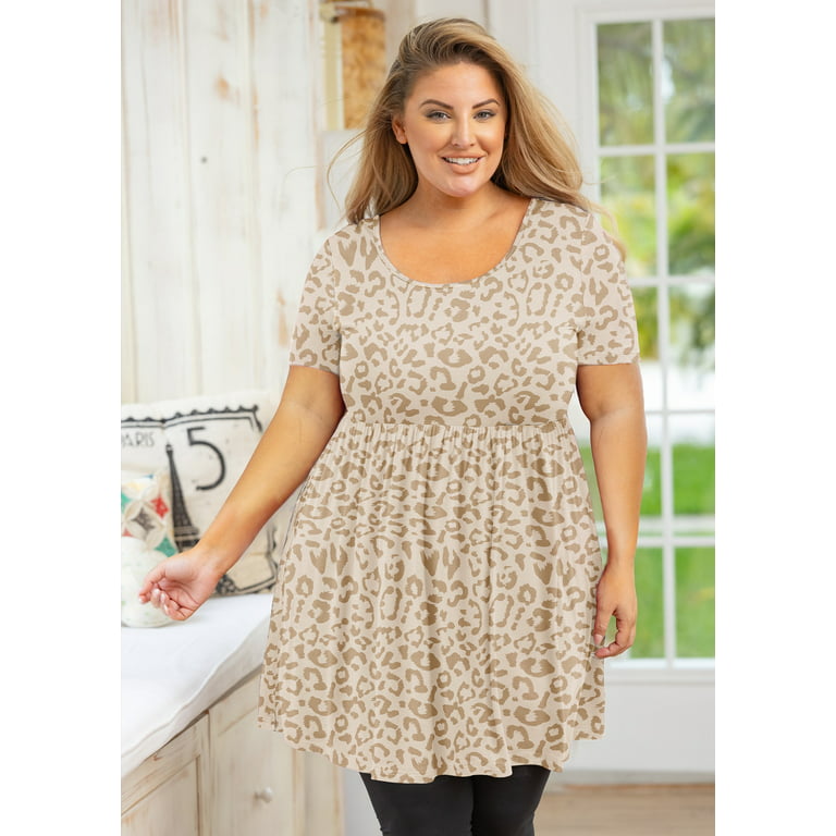 SHOWMALL Plus Size Tunic for Women Short Sleeves Cream Leopard 5X Tops  Scoop Neck Clothes Summer Flowy Maternity Clothing Shirt