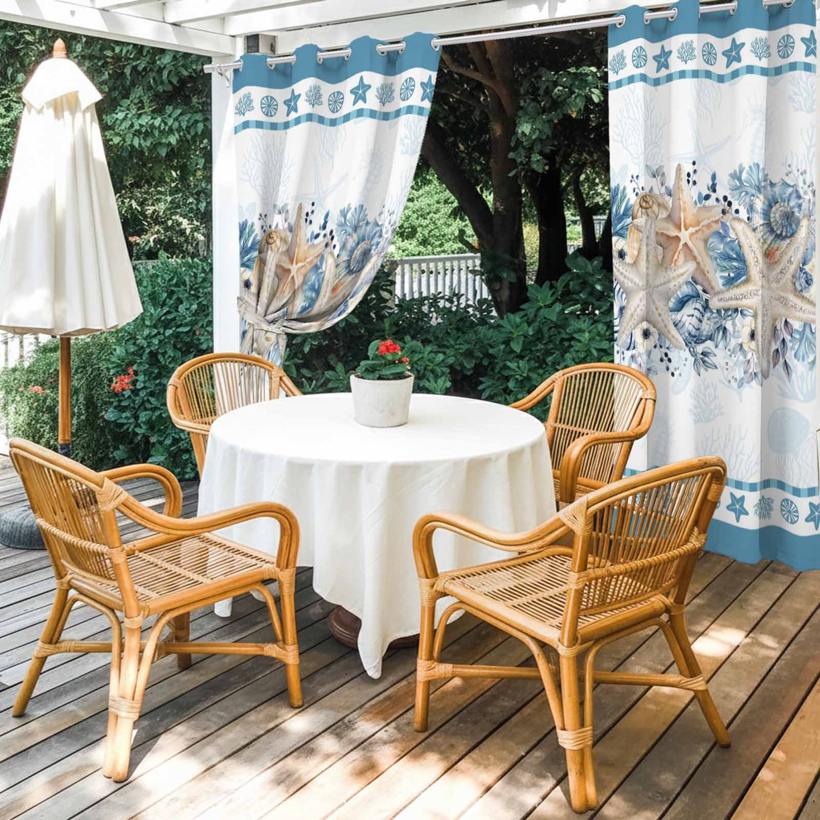 Blue Coastal Outdoor Curtains for Patio, Eucalyptus Leaves Starfish Shells Summer Sunshade Privacy Drapes Grommet Waterproof Outside Curtains for Porch/Cabana/Balcony 54"x 108", 1 Panel
