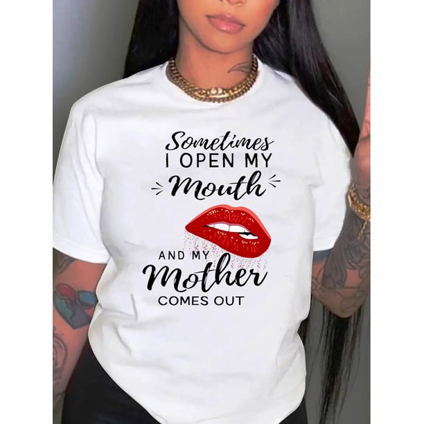 Camisetas De Manga Corta Para Mujer, Camisetas De Verano Para Oficina, Camping, ComprasChic Red Lips & Letter Print Women's T-Shirt - Casual Crew Neck, Short Sleeve, Stretchy Polyester Blend, Machin