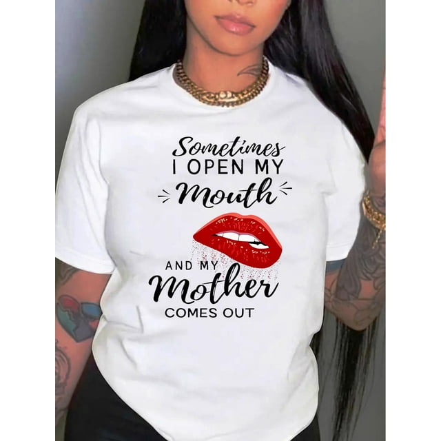 Chic Red Lips & Letter Print Women's T-Shirt - Casual Crew Neck, Short Sleeve, Stretchy Polyester Blend, Machine Washable - Perfect for Summer