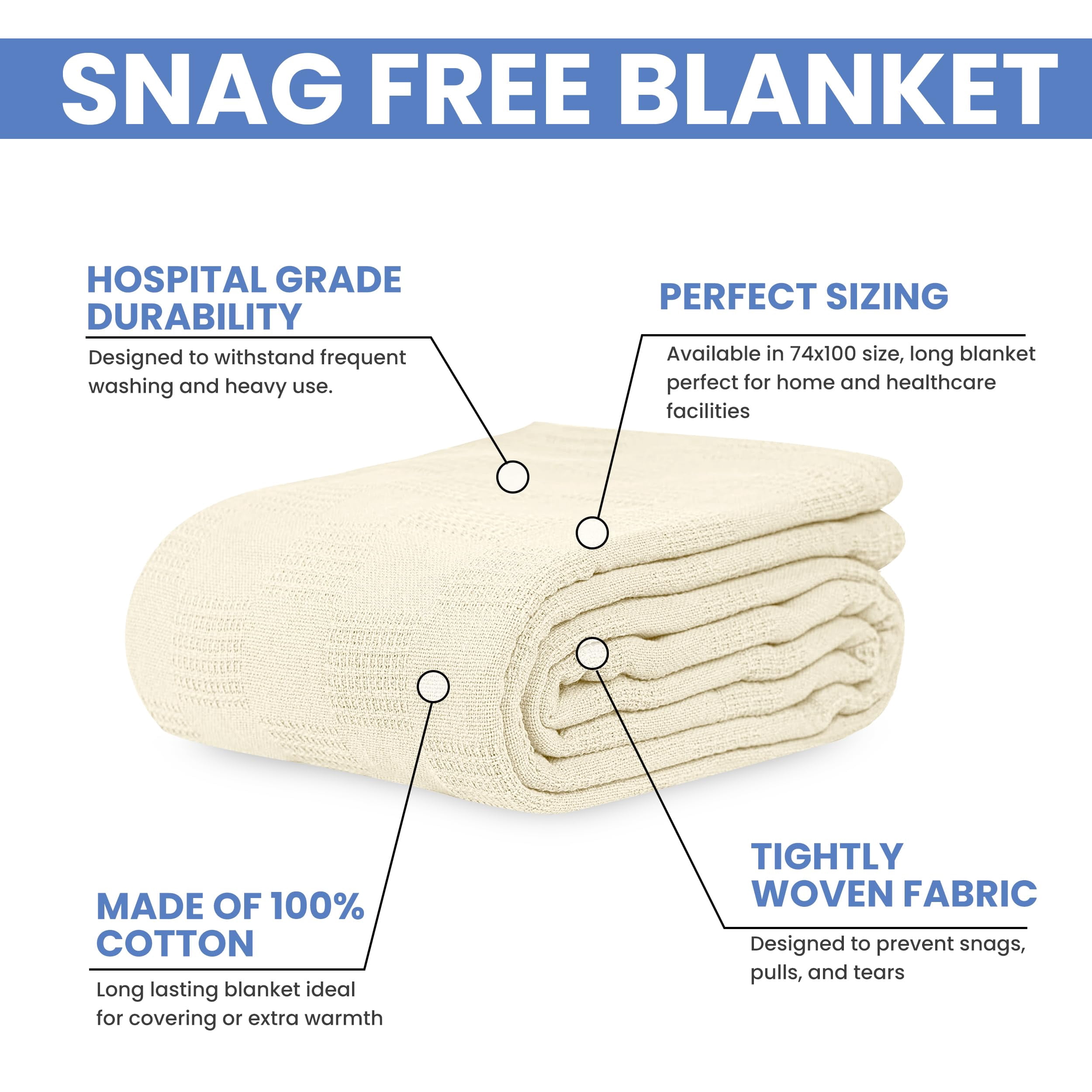 Linteum Textile Hospital Thermal SNAGLESS Spread Blanket, 100% Cotton (74x100 in, Cream)