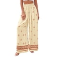 thumbnail image 2 of Women'S Wide Leg Palazzo Pants Boho Floral Trousers Flowy Beach Vacation Clothes Resort Wear Light Brown M, 2 of 10