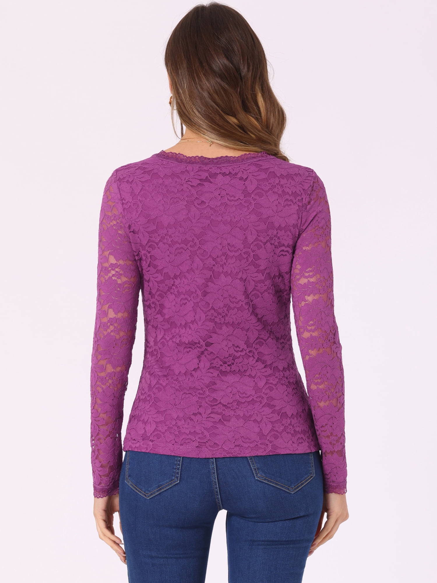 DARING DIVA Long Sleeves Flower Embroidery Lace Tops L Dark Purple
