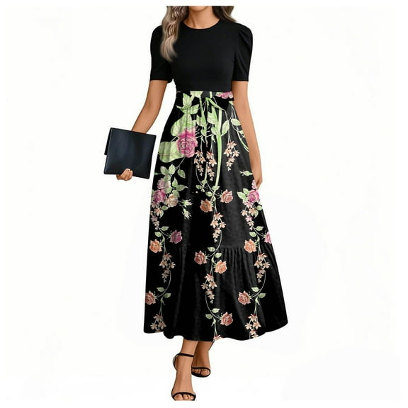 UoCefik Cocktail Wedding Guest Dresses For Women Flowy Floral Elegant Long Dresses with Belt Short Sleeve Patchwork Boho Summer a Line Dress Black L