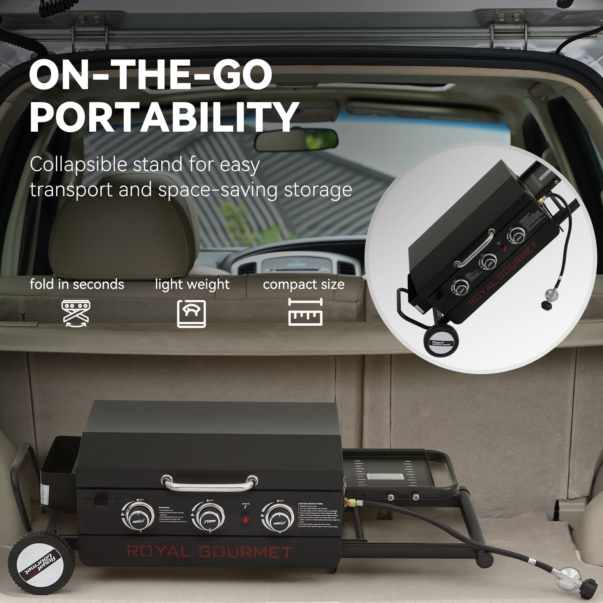 Royal Gourmet PD3001 23-Inch Portable 3-Burner Gas Griddle with Collapsible Stand, Portable Griddle with Side Shelf
