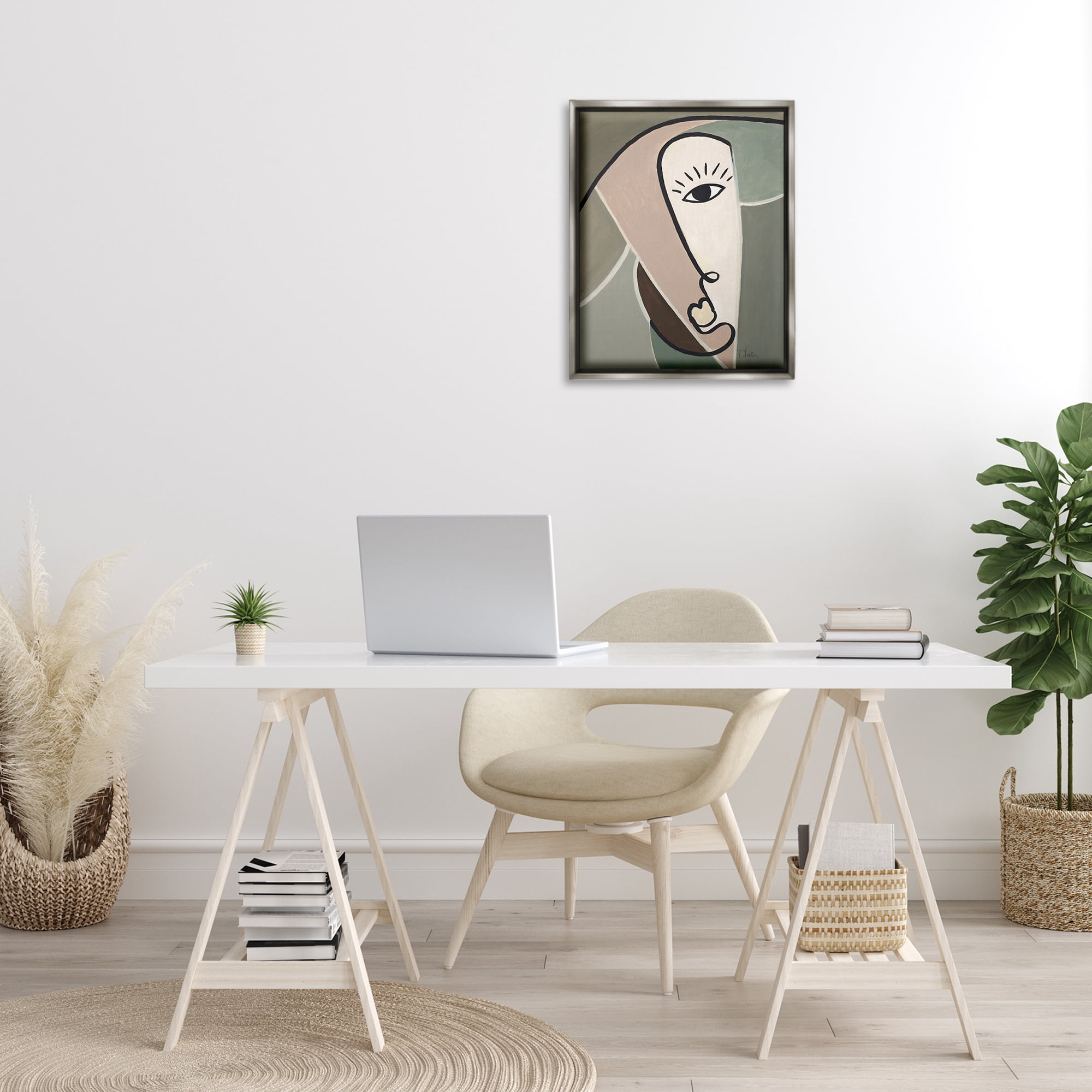Stupell Industries Boho Cubism Face Abstract Painting Gray Floater Framed Canvas Art Print Wall Art, 17 x 21
