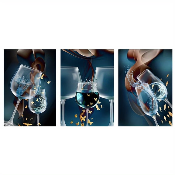 3 Pieces Frameless Abstract Wine Glass Wall Art Canvas, Living Room Decorative Painting, Bar Decoration Painting, Corridor Decoration,