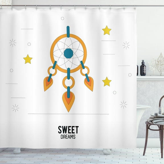 Sweet Dreams Shower Curtain, Dream Catcher Design with Stars Stripes Background Night Doodle, Fabric Bathroom Set with Hooks, 69W X 70L Inches, Orange Yellow Petrol Blue, by Ambesonne