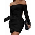 thumbnail image 2 of Women'S Off the Shoulder Long Sleeve Ruched Bodycon Dress Bustier Wrap Mini Dress Black XL, 2 of 9
