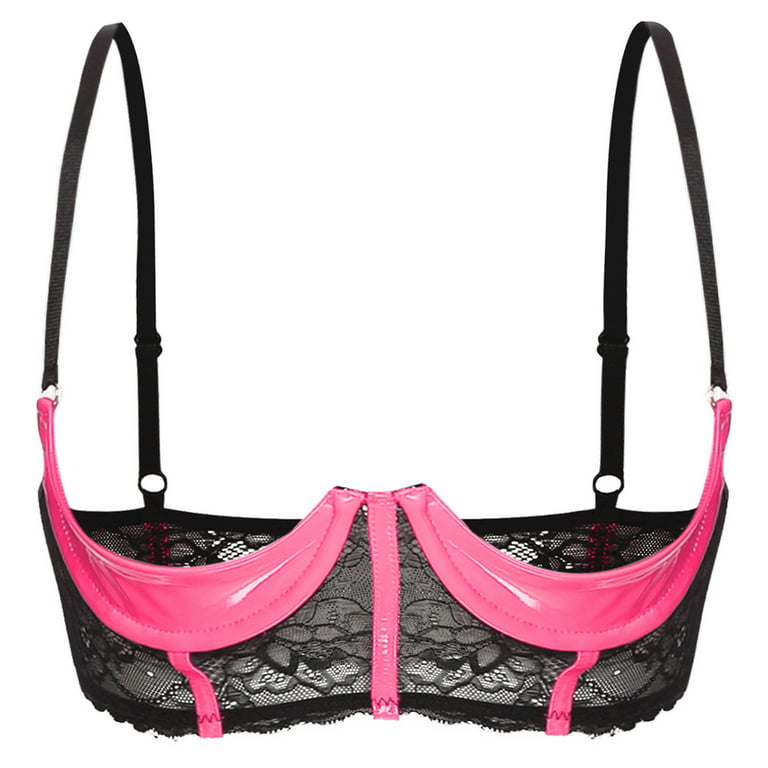 Alvivi Women's Sheer Lace Underwire 1/4 Cups Bra Push Up Shelf Demi  Balconette Bras Pink S 