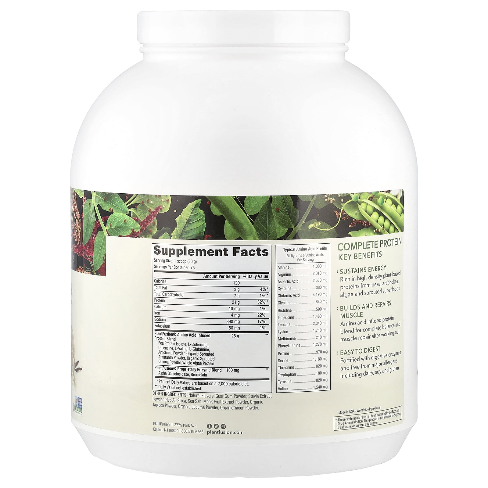 PlantFusion Complete Plant-Based Vegan Pea Protein Powder Dietary Supplement, Gluten & Allergy Free, Vanilla, 5 Pound