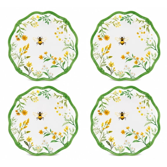 SeasonsEasy Bee & Wildflower Melamine Salad Plates 8.9 Inch Scalloped Set of 4