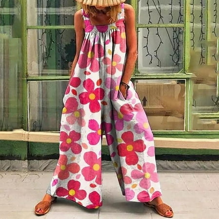 

Homadles Plus Size Wide Leg Jumpsuits for Women- Printed Sleeveless Casual With Pockets Loose Fit Fashion Rompers for Women Summer Pink M