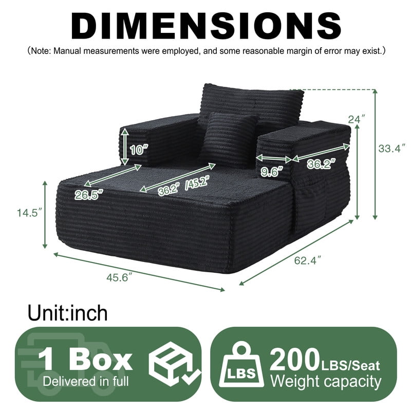 Single-Seater Upholstered Lazy Sofa, Floor Lounge Chair with Back Cushion & Throw Pillow, Oversized Chaise Lounge with Pockets